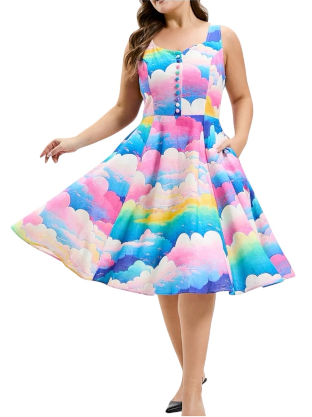 Miss Lulo Heidi Rainbow Cloud Print Fit & Flare Vintage Inspired Dress NWOT XS